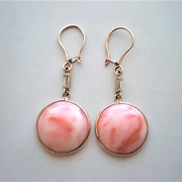 Vintage Soviet USSR 14K 583 Rose Pink Gold Diamond 17MM Coral Dangle EARRINGS - Picture 3 of 7